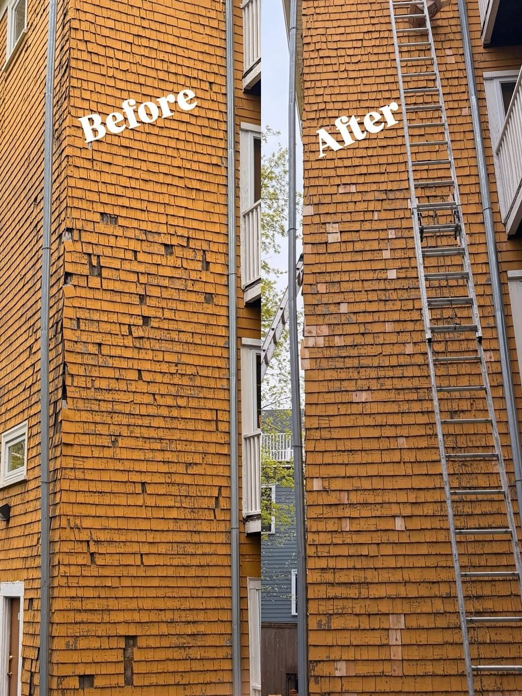 Shingle wall before and after